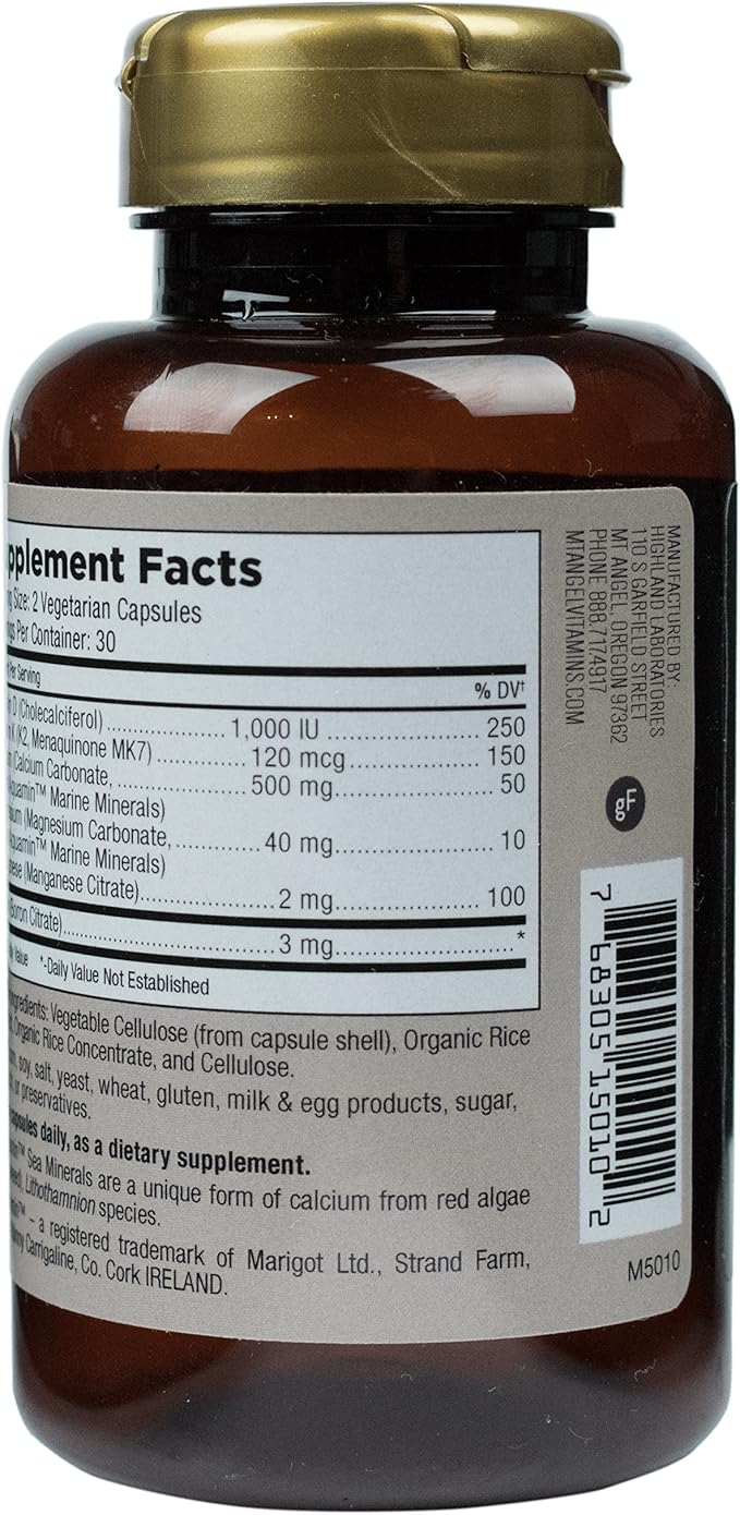 Mt. Angel Vitamins K2, Comprehensive 1600 mg, K2 (MK7), (MK7), Manganese, D3, Boron 60 Vegetarian