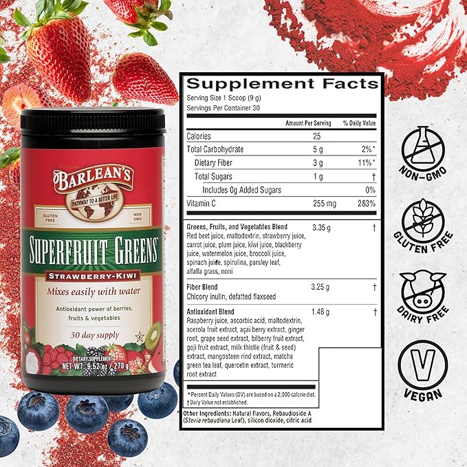 Barlean's Strawberry Kiwi Superfruit Greens Powder, 9.52 oz