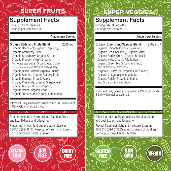 Organic Super Fruit & Veggies Supplement 23 Fruits 16 Vegetables (180 Count)