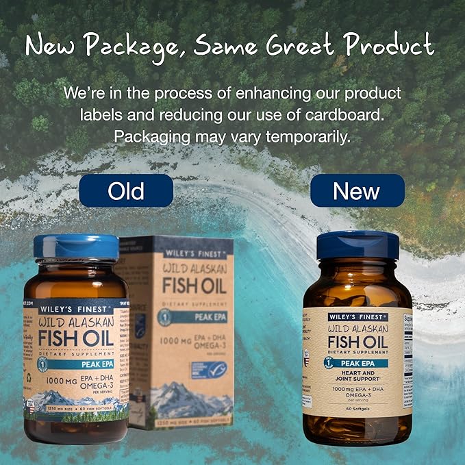 Wiley's Finest Wild Alaskan Fish Oil 1000mg Omega-3s, Omega-3s, SQF-Certified 60 Softgels (60 Servings)