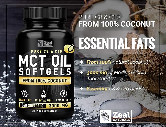 Pure MCT Oil Capsules (360 Softgels | 3000mg) 4 Month Supply Keto Pills w Unrefined Coconut - C10 & C8 Brain Fuel, Energy, Octane Ketosis