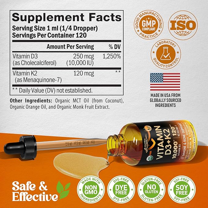 Vitamin D3 K2 USDA Organic Drops - Vitamin D3 10000 IU & K2 as MK-7 120mcg - Immune & Mood Support, Bone & Teeth Health - Sugar-Free Orange Flavor - Liquid Supplement - Made in USA - 4 FL OZ, 120 Days