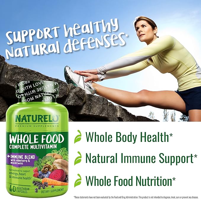 NATURELO Whole Food Multivitamin + Immune D3, Zinc, 60 Vegan