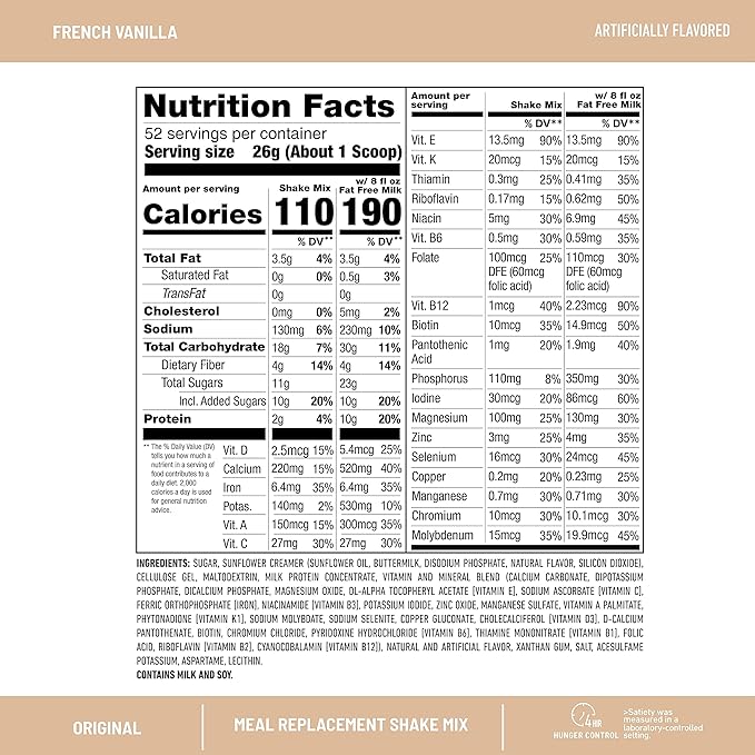 SlimFast Meal Replacement Powder, Original French Vanilla, Shake Mix, 10g of Protein, 52 Servings