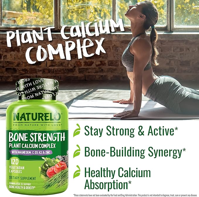 NATURELO Calcium Supplement - with Vitamin C, Vitamin D3, K2, and Calcium Magnesium Zinc for Bone Strength with Calcium 600mg - Plant-Based, 240 Vegetarian Capsules, Non-GMO, Soy & Gluten-Free