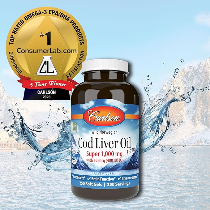 Carlson - Cod Liver Oil Gems, 1000 mg, 250 mg Omega-3s, 400 400 IU (10 mcg) D3, Wild 250 Softgels