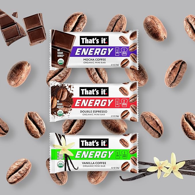 That’s it. Organic Energy Coffee Mini Bars - (6 each of Vanilla, Mocha, Double Espresso) Grab and Go, No Added Sugars, Non-GMO, Caffeine Power Snack, Kosher, Allergy Friendly (Variety - 18 Count)