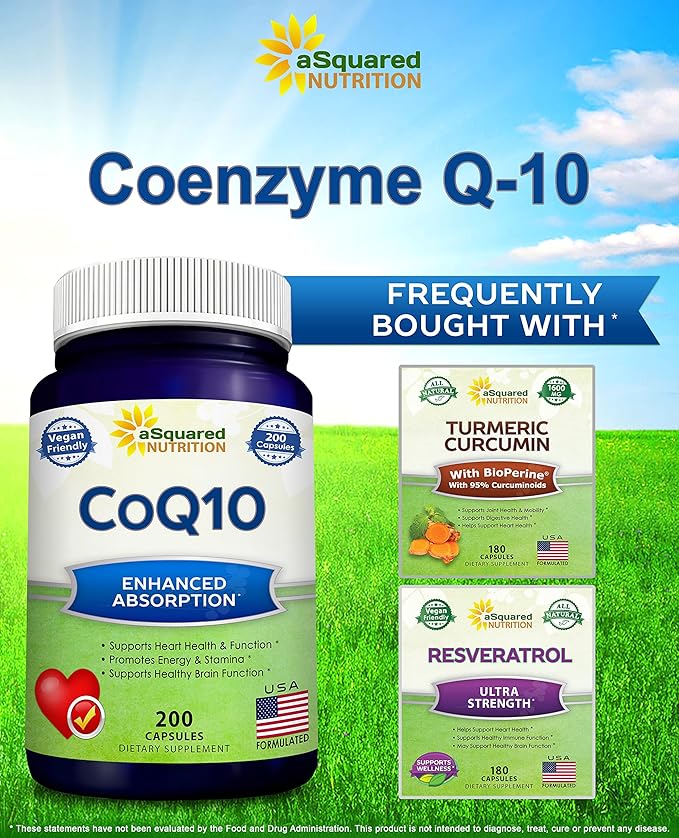 aSquared Nutrition CoQ10 (400mg Max Strength, 200 Capsules) Q10 Powder Q-10 Enzyme 10 400 400 mg
