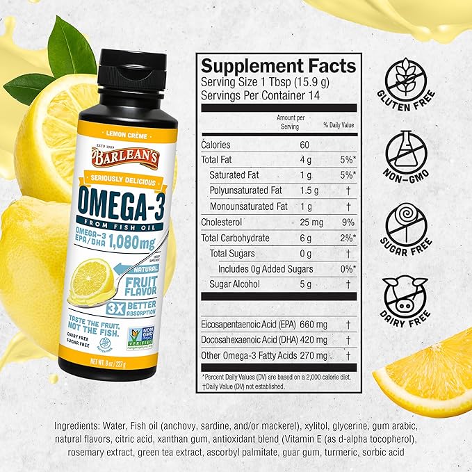 Barlean's Lemon Crème Omega 3 Fish 1080mg of 3 EPA 8 oz
