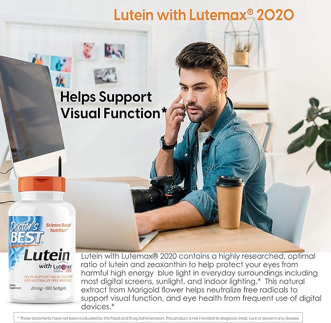 Doctor's Best Lutein Featuring Lutemax, Non-GMO, 20 mg, 180 Softgels