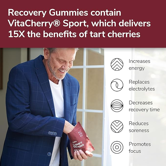 Recovery Gummies - Tart Cherry Gummies for Muscle Recovery - Hibiscus Cherry Flavor with Antioxidants & Electrolytes Combats Soreness, Fights Inflammation, Boosts Energy - Vegan, Non-GMO, Gluten-Free
