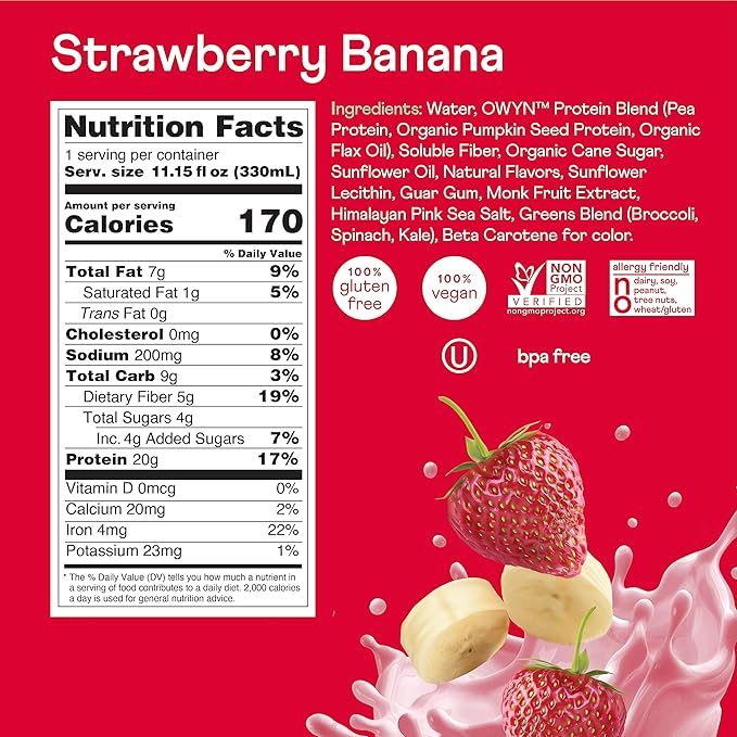 OWYN Only What You Need Vegan Protein Shake, Strawberry Banana, 20g Plant Based Protein, Omega-3, Prebiotic Supplements, Gluten-Free, Soy-Free, Non-GMO (36 Pack) (Packaging May Vary)
