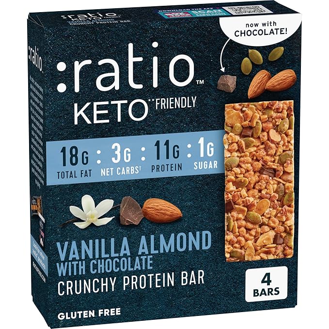 Ratio Crunchy Protein Bar, Vanilla Almond With Chocolate, 11g Protein, Keto Friendly, 5.8 oz (4 Bars)