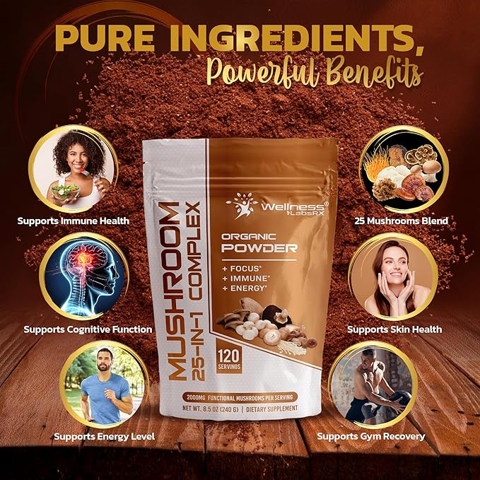 Mushroom Powder, 25 in 1 Mushrooms Supplement - 2000mg, 25 Superfood Mishroom Lions Mane Powder with Chaga, Shiitake, Cordyceps, Reishi - Lion's Mane Mushroom - Pack of 2