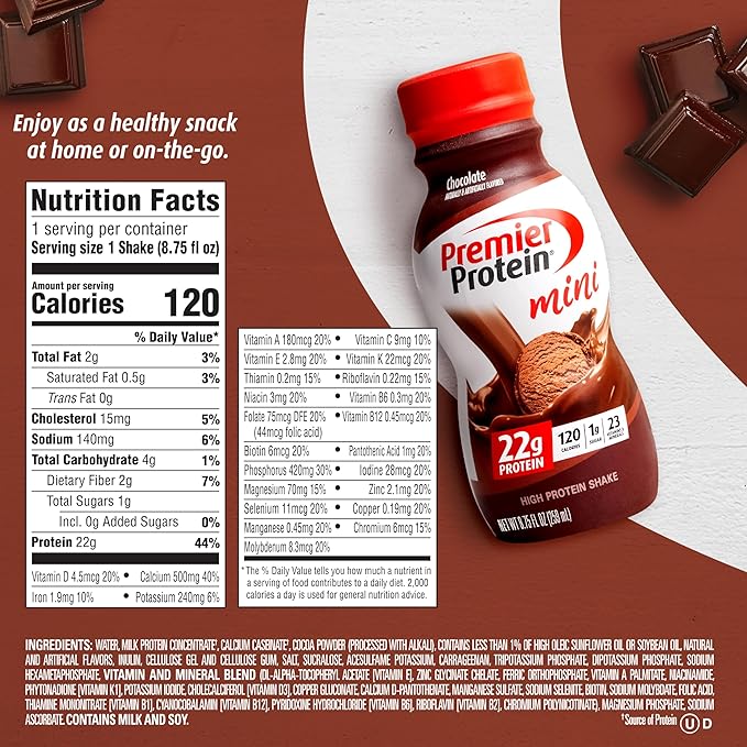Premier Protein Shake MINIs, Chocolate, 22g 120 Calories, 1g Sugar, 8.75fl oz, 12