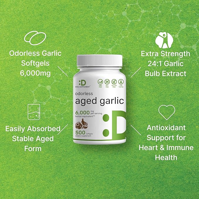 DEAL SUPPLEMENT Odorless Aged Garlic Pills, 6,000mg Per 500 Softgels 24:1 Garlic