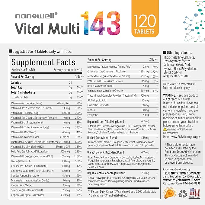 Vital Multi 120 Tablets x 4 Bottles for 4 Months - Multivitamin Supplement, Daily Nutritional Supports with 143 Ingredients (480 Count)