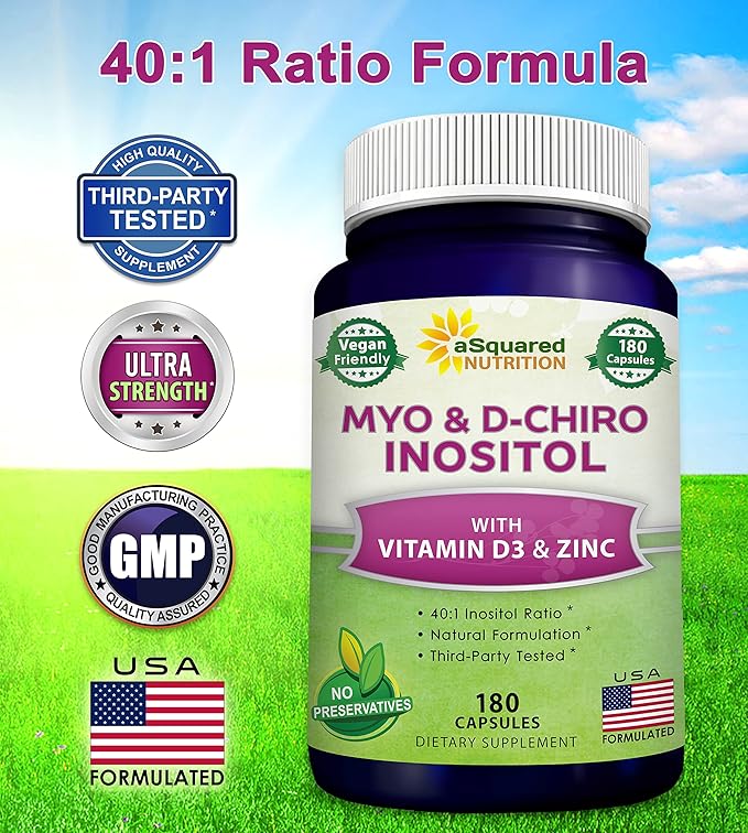 aSquared Nutrition Myo-Inositol & D-Chiro Inositol Supplement 180 Capsules D3 and 40 to 1 Ratio B8 Complex