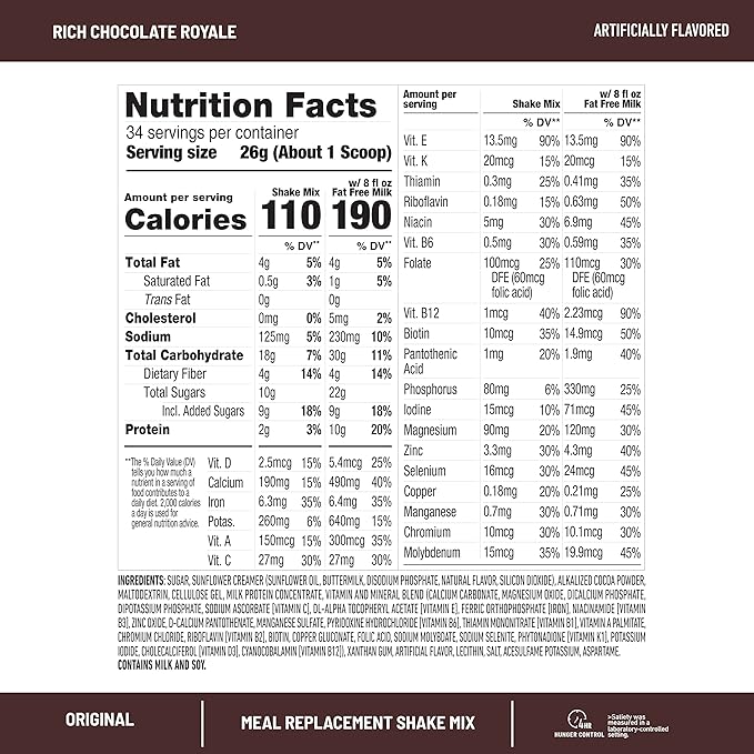 SlimFast Original Meal Replacement Powder, Rich Chocolate Royale, Weight Loss Shake Mix, 10g of Protein, 34 Servings (Packaging May Vary)