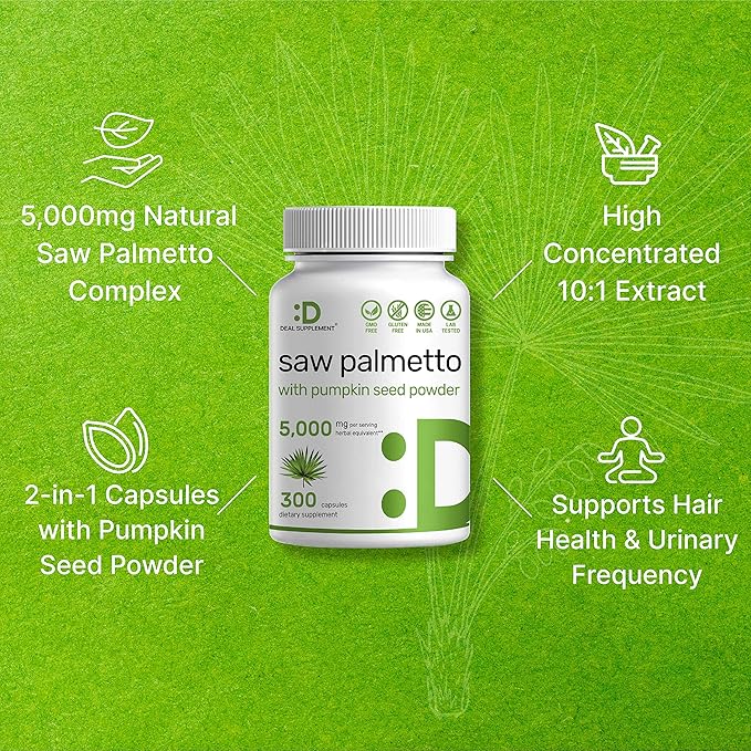 Saw Palmetto Supplement 5000 mg with Pumpkin Seed, 300 Capsules | Promotes Prostate Health | DHT Blocker | Hair Growth Vitamins, Maintain Normal Urinary Frequency