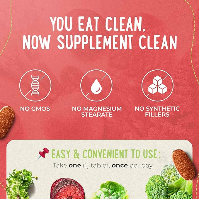 Mama Natural Organic Women's Multivitamin – Whole Food Based, 1 A Day Vegan Tablet – USDA Organic, Non-GMO, Clean Label Multivitamin for Women – 30 Day Supply with Iron & Methylated B12