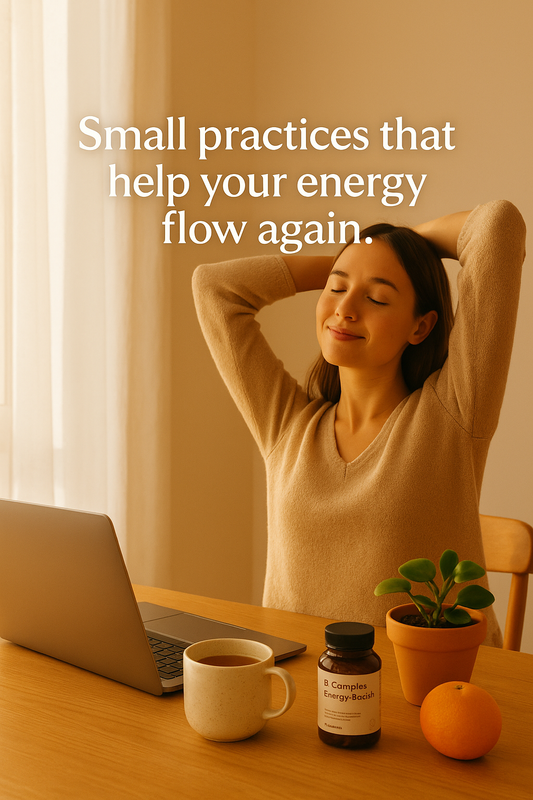 Bright morning sunlight with a woman stretching beside a cup of tea, fruit, and a Habity supplement bottle, symbolizing renewed energy flow.