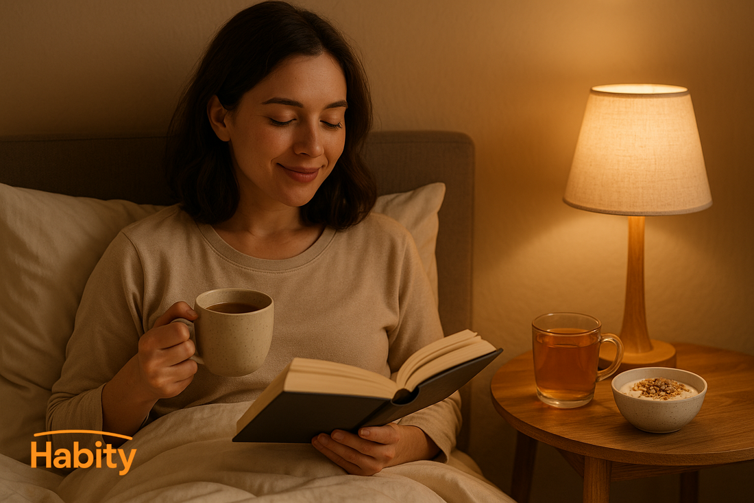 Habity gut health and sleep connection concept with cozy bedroom, herbal tea, and prebiotic snack