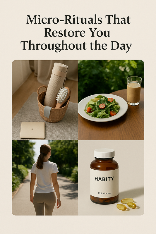 Habity healthy lifestyle collage with stretching tools, balanced meal, morning walk, and daily supplements