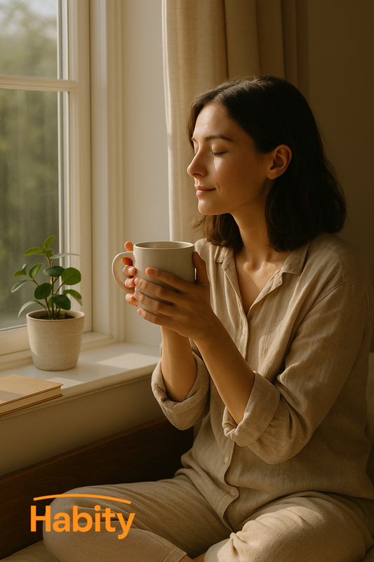 Habity mindful morning routine with natural sunlight, warm tea, and calm start to the day