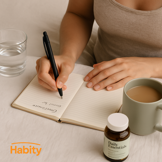 Morning gratitude journaling with water, coffee, and Habity Daily Essentials supplement for a healthy wellness routine