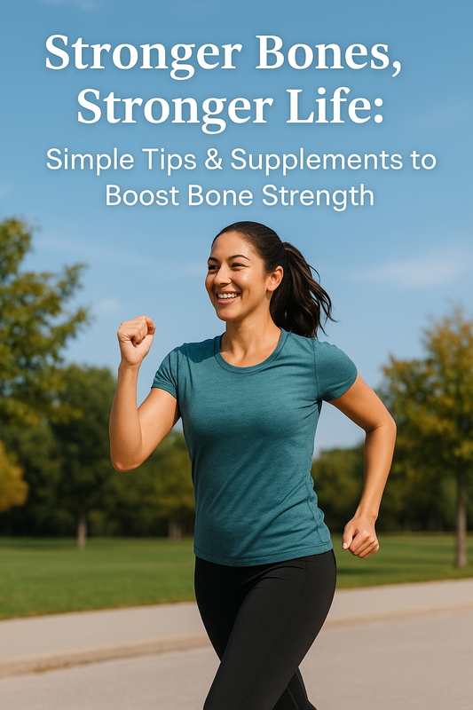 A healthy woman jogging outdoors in the morning sunlight, wearing casual athletic wear, symbolizing strong bones and active wellness with Habity.