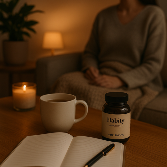 Weekend reset ritual with Habity supplements, herbal tea, journal, and candle in a cozy Sunday evening setting