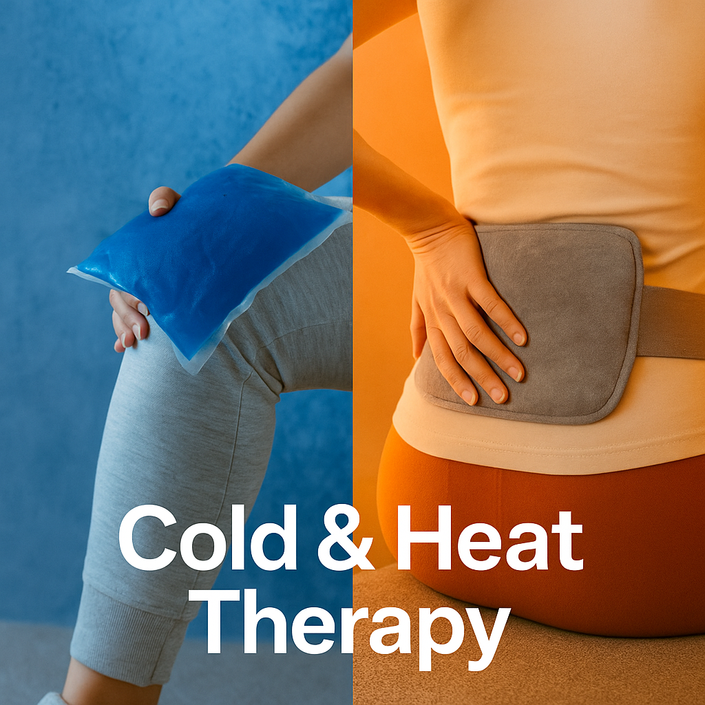 Split-screen image showing cold therapy with an ice pack on the knee and heat therapy with a heating pad on the lower back, representing Habity Cold & Heat Therapy collection.