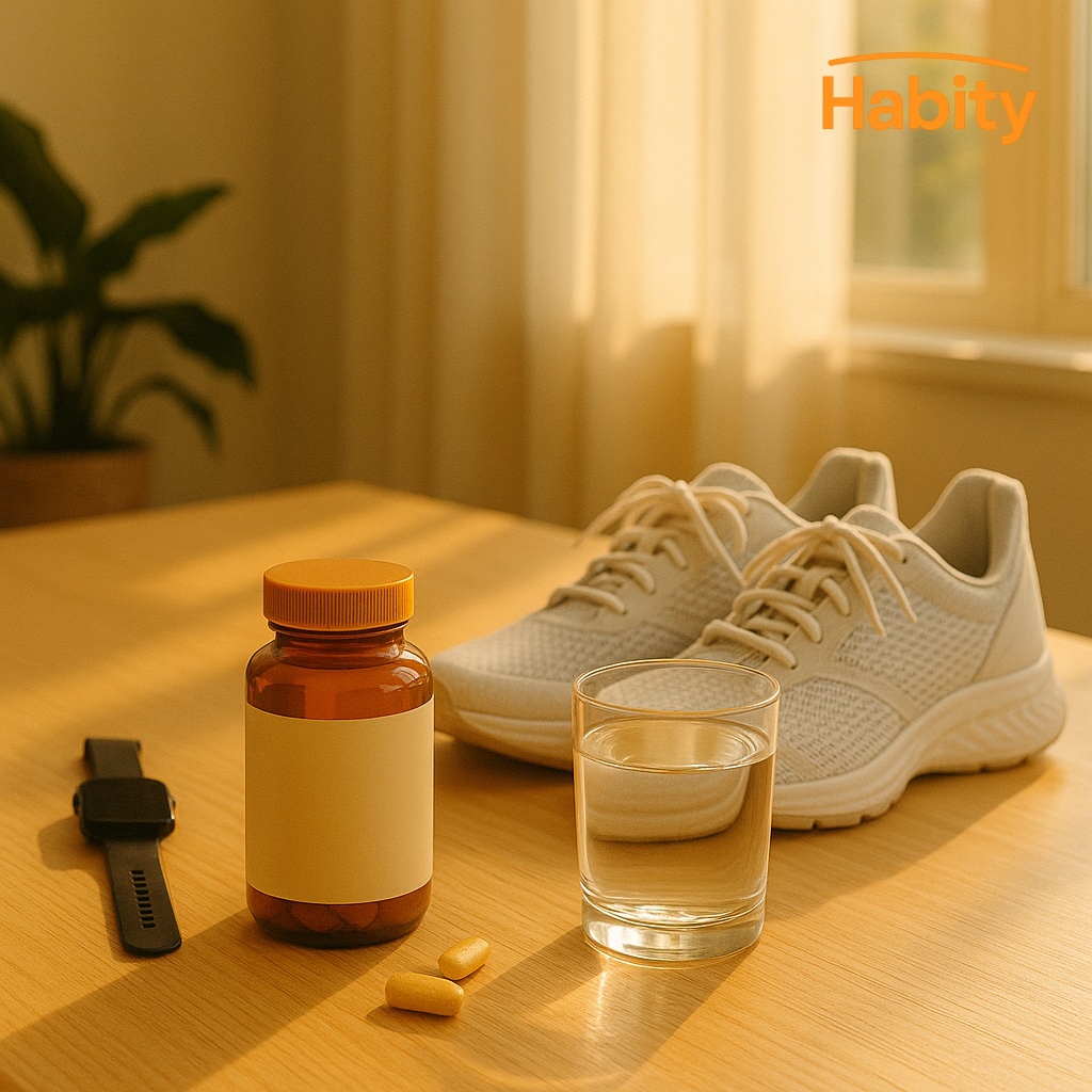 Pair of white running shoes, daily energy supplement bottle, water glass, and smartwatch on a sunlit wooden table, promoting healthy morning routines and natural vitality with Habity.