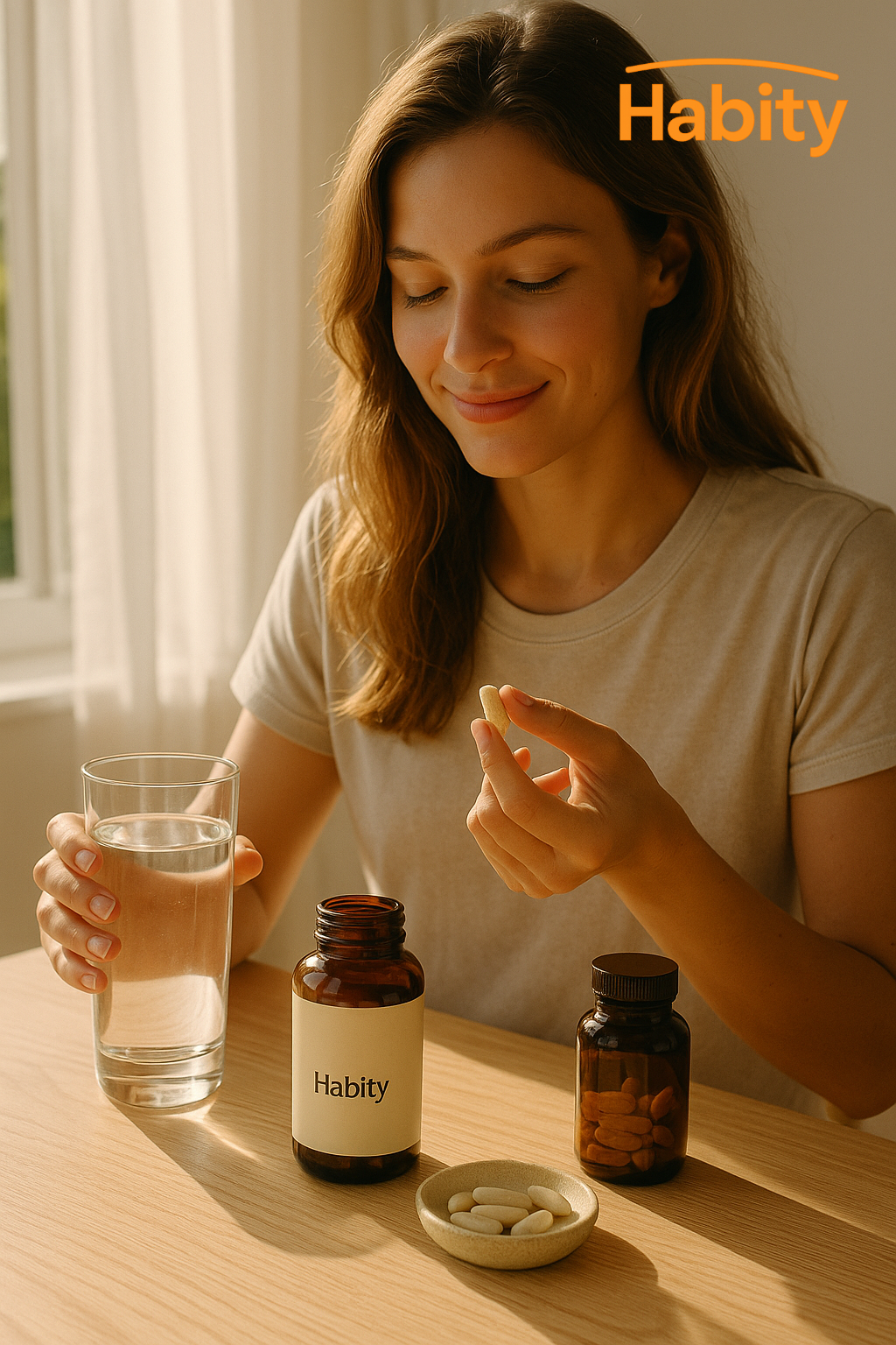 A young woman enjoys her morning vitamin routine in soft sunlight by the window, holding a glass of water and Habity immune support supplements—embracing daily wellness with intention.
