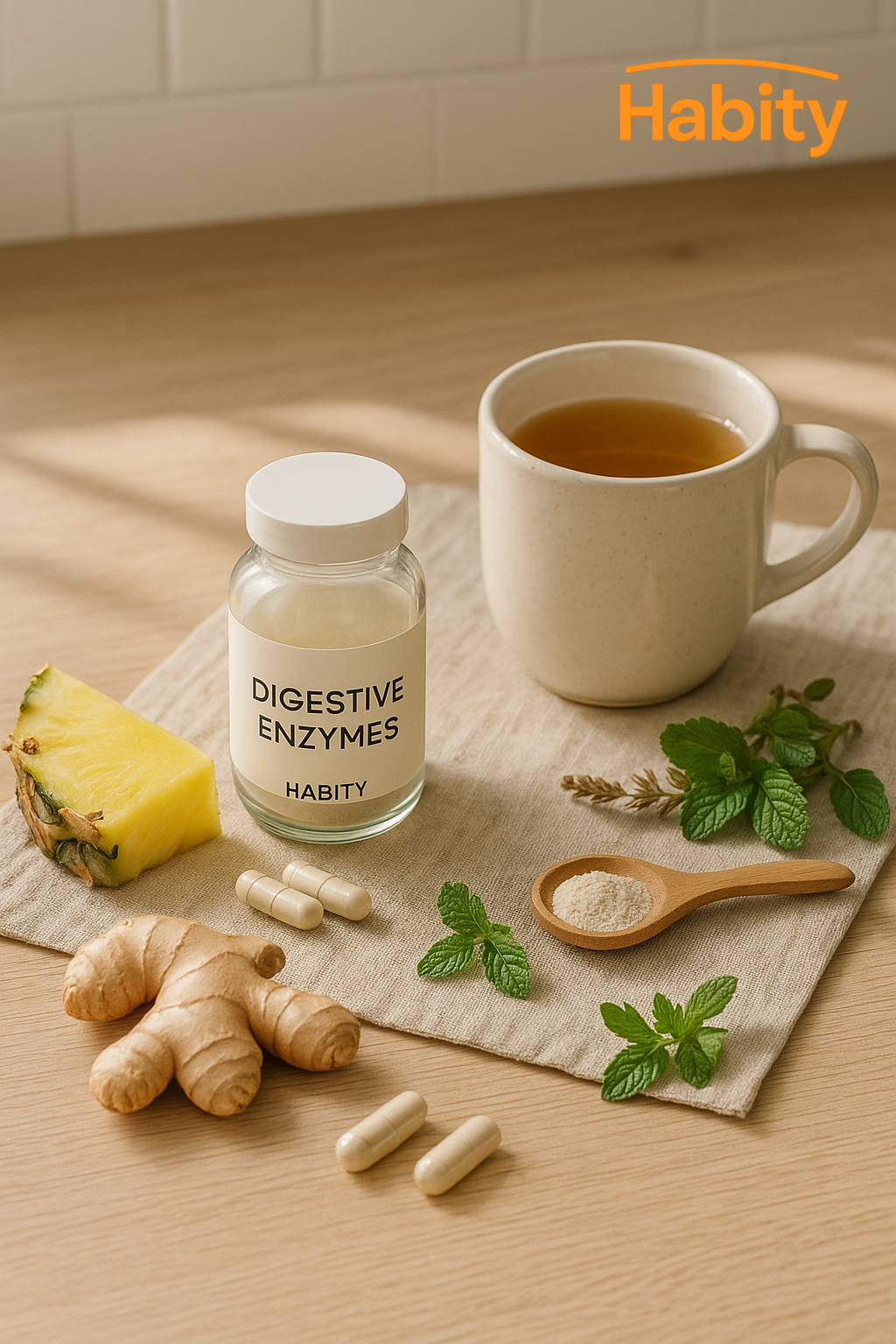 A digestive health setup featuring Habity's enzyme supplement bottle, ginger, pineapple, mint, and a warm herbal tea—ideal for a soothing pre-meal ritual.