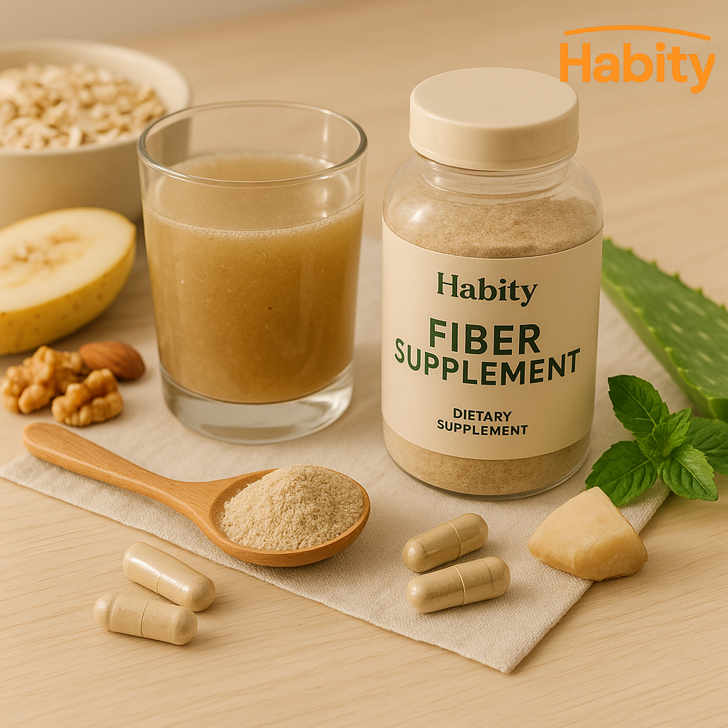 Habity Fiber Supplement bottle with fiber drink, powder, capsules, and natural ingredients like banana, oats, aloe, and mint—highlighting a gentle daily gut regularity ritual.