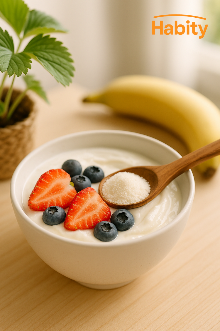 A bowl of Greek yogurt topped with strawberries, blueberries, and a sprinkle of prebiotic powder beside a Habity-branded container—highlighting a gut-friendly immune support ritual.