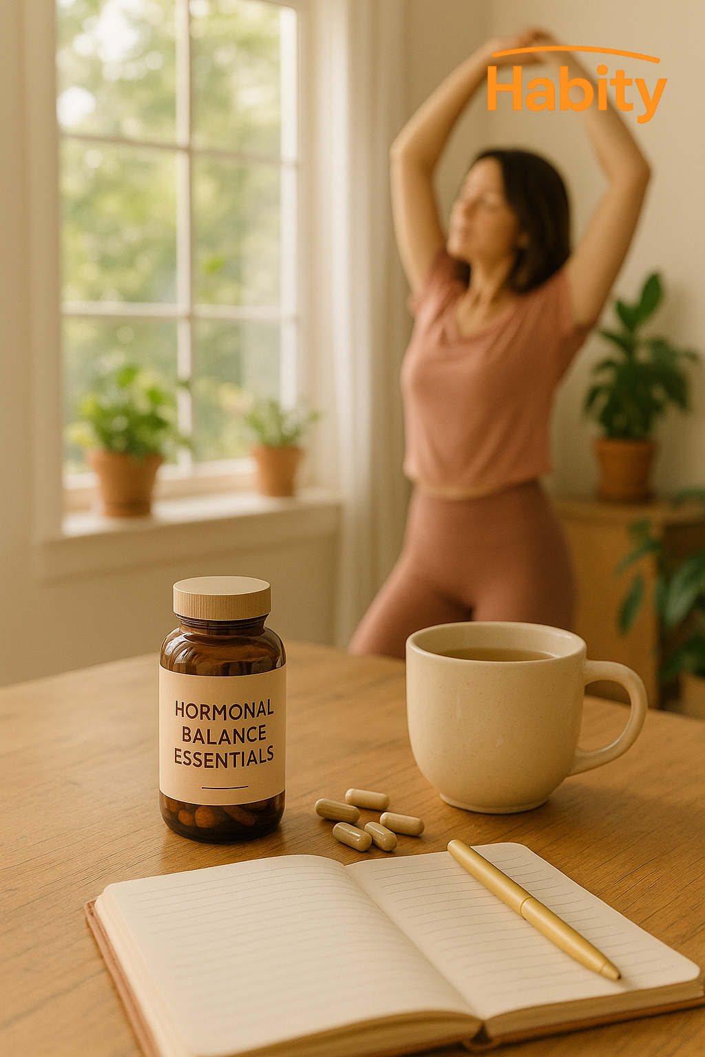 A morning self-care ritual with Habity's hormonal balance supplements, herbal tea, and journaling essentials, set on a sunlit wooden table with a woman stretching in the background.