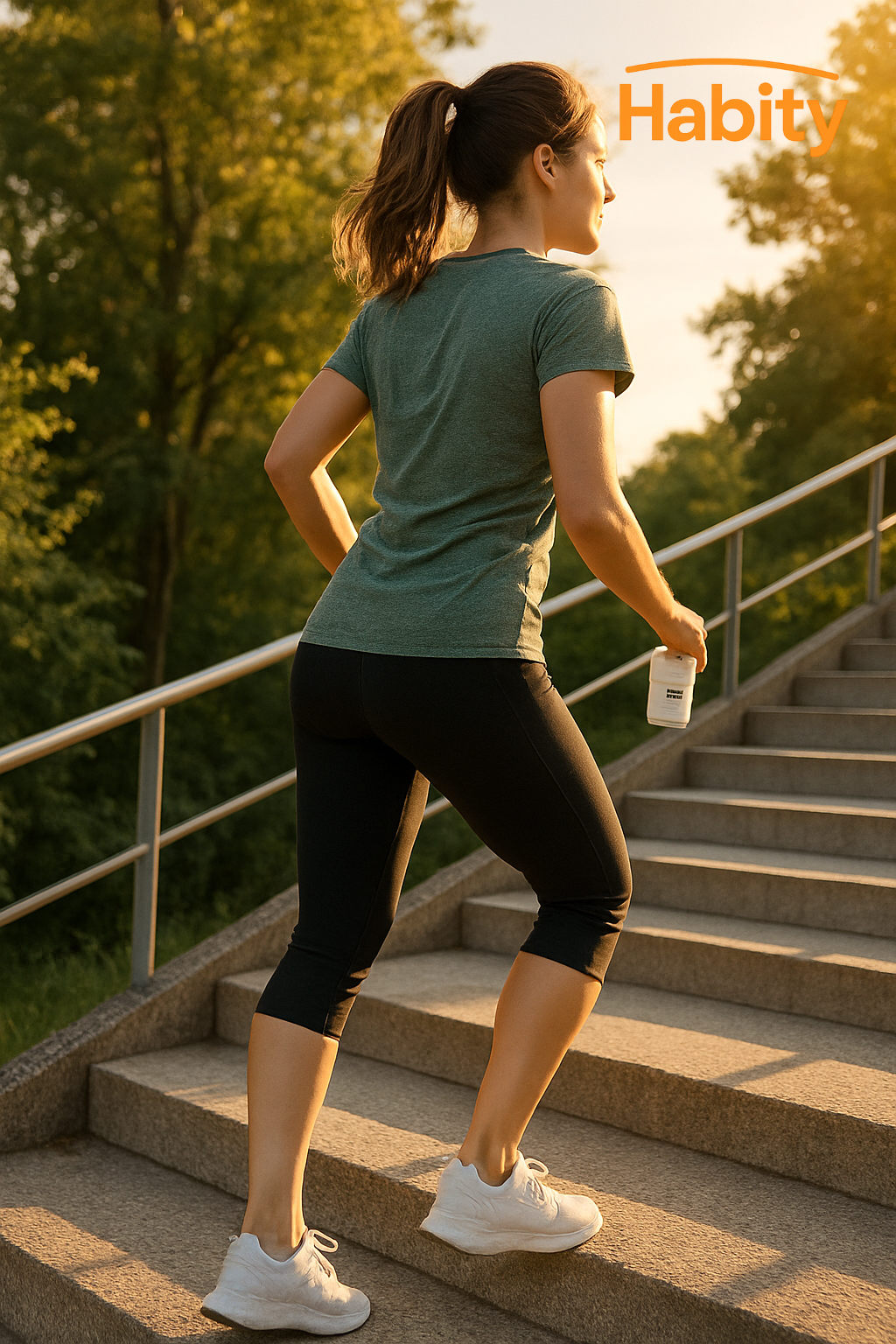 A woman climbs outdoor stairs in soft evening light, holding a Habity bottle—capturing a daily movement ritual that supports blood sugar balance and metabolic health.