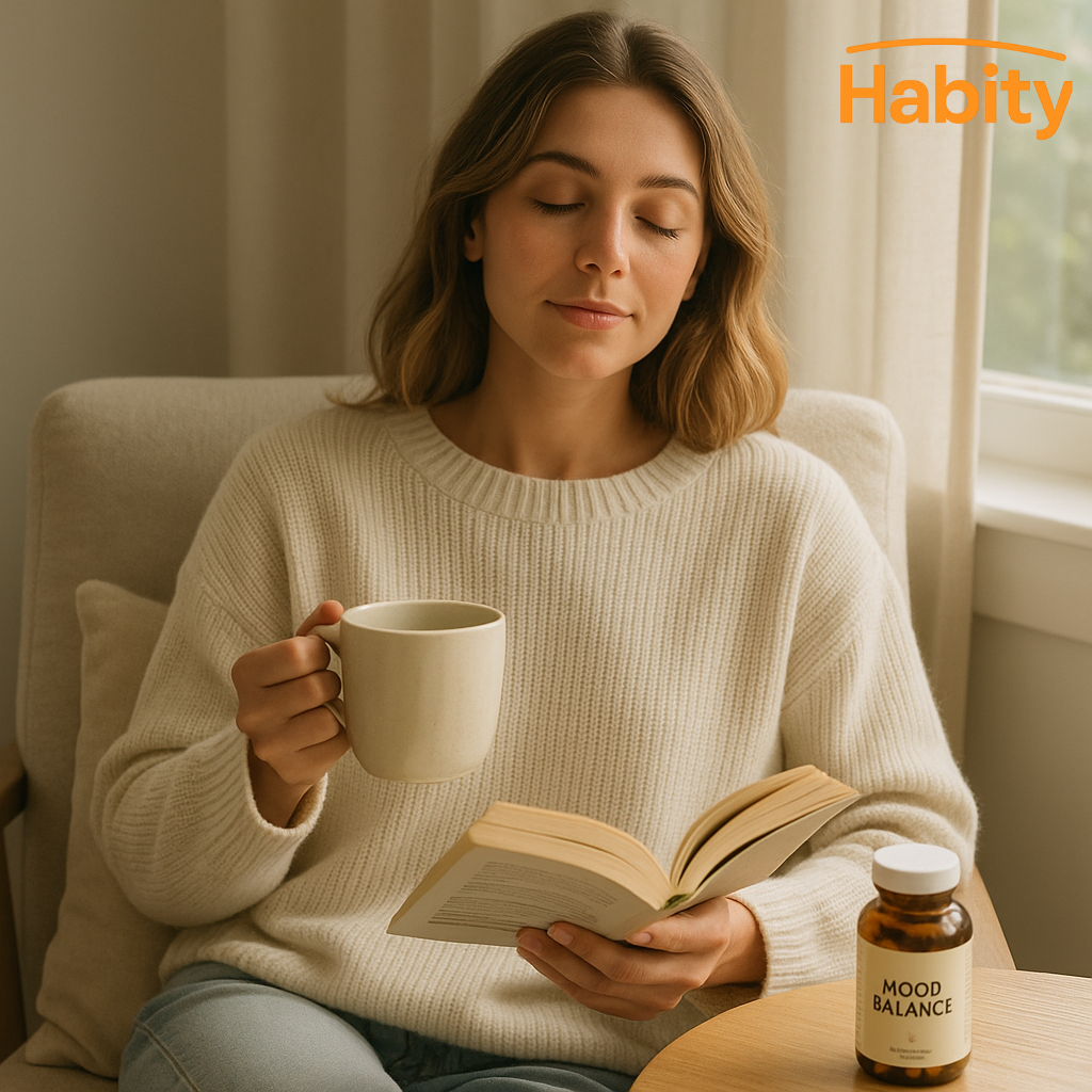 Woman sitting on a cozy bed with soft morning light, eyes closed and hands resting on her chest, surrounded by a journal, mood support supplements, and herbal tea—illustrating a calming emotional balance ritual with Habity.