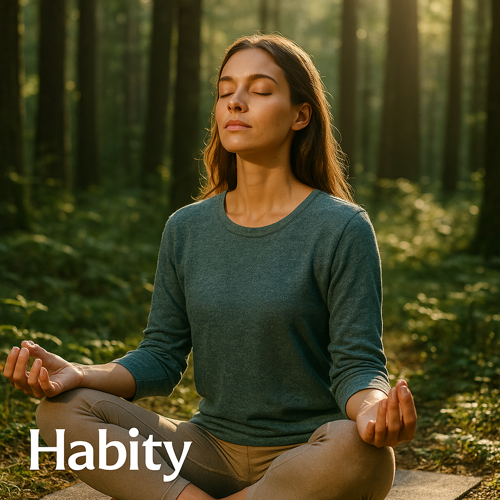 A woman meditates in a peaceful forest setting, eyes closed and breathing deeply—embodying Habity’s natural approach to respiratory and seasonal immune support through mindful connection with nature.