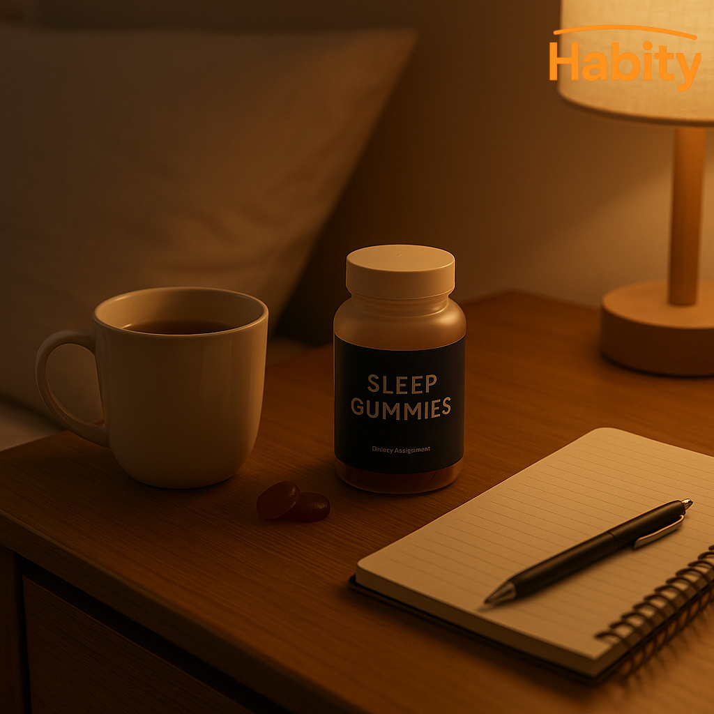 Bedside scene at night with a cup of herbal tea, sleep gummies in a minimalist container, and an open journal on a wooden tray—capturing a calming nighttime sleep ritual with Habity.
