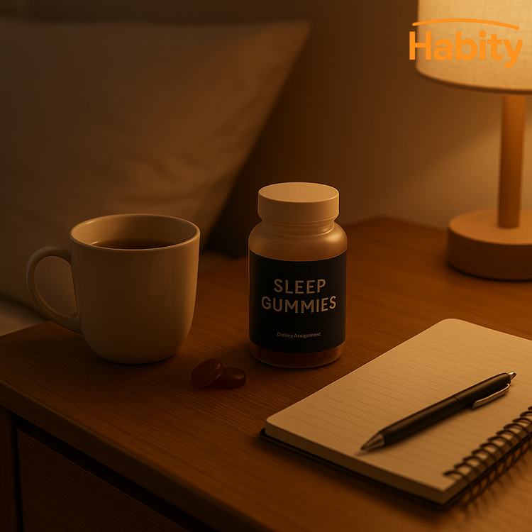 Bedside scene at night with a cup of herbal tea, sleep gummies in a minimalist container, and an open journal on a wooden tray—capturing a calming nighttime sleep ritual with Habity.