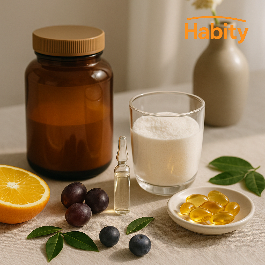 Habity anti-aging and wrinkle care supplements lifestyle image with unlabeled collagen jar, hyaluronic acid ampoule, CoQ10 softgels, vitamin C rich oranges, grapes, and green tea leaves