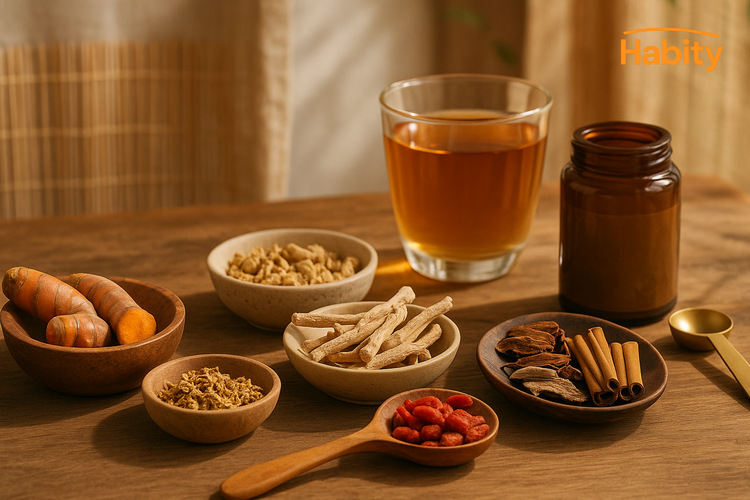 Habity Ayurvedic and Eastern wellness herbs and remedies on wooden table with turmeric, ashwagandha, ginseng, goji berries, and herbal tea in natural sunlight