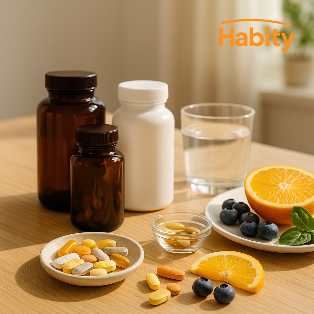 Habity blended vitamin and mineral supplements lifestyle image with unlabeled bottles, assorted colorful capsules and tablets, fresh fruit, and morning sunlight