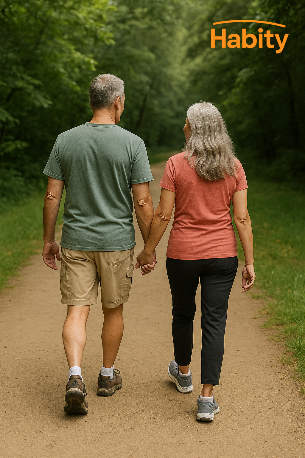 A middle-aged couple walks side by side on a peaceful forest path, embracing daily movement and joint wellness with support from Habity’s Bone, Joint & Mobility Essentials collection.