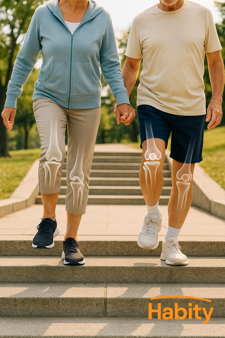 A middle-aged couple walks side by side on a peaceful forest path, embracing daily movement and joint wellness with support from Habity’s Bone, Joint & Mobility Essentials collection.