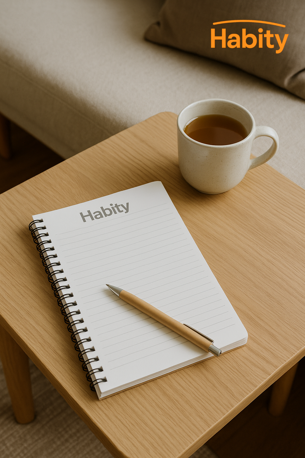 A peaceful living room coffee table scene featuring a warm cup of tea and handwritten notes—reflecting Habity’s mindful approach to cognitive longevity and daily brain wellness.